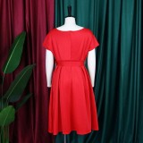 EVE V-neck Solid Color Waisted Bow Tie Midi Dress GATE-A2-D3027C
