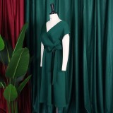 EVE V-neck Solid Color Waisted Bow Tie Midi Dress GATE-A2-D3027C