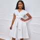 EVE V-neck Solid Color Waisted Bow Tie Midi Dress GATE-A2-D3027C