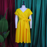 EVE V-neck Solid Color Waisted Bow Tie Midi Dress GATE-A2-D3027C