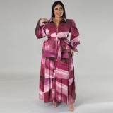 EVE Plus Size Print Long Sleeve Lapel Maxi Dress GDAM-218285