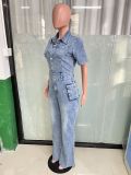 EVE Short Sleeve Washed Slim Denim Jumpsuit LX-3567