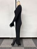 EVE Slash Shoulder Feather Patchwork Jumpsuit NY-10688