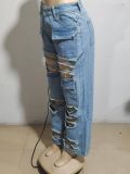 EVE Fashion High Waisted Holes Straight Jeans GAKF-A31114