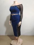 EVE Fashion Mesh Patchwork Denim Two Piece Skirts Set GAKF-A31003