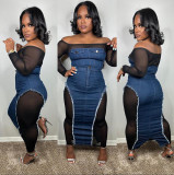 EVE Fashion Mesh Patchwork Denim Two Piece Skirts Set GAKF-A31003