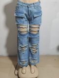 EVE Fashion High Waisted Holes Straight Jeans GAKF-A31114