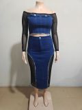 EVE Fashion Mesh Patchwork Denim Two Piece Skirts Set GAKF-A31003