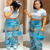 EVE Fashion High Waisted Holes Straight Jeans GAKF-A31114