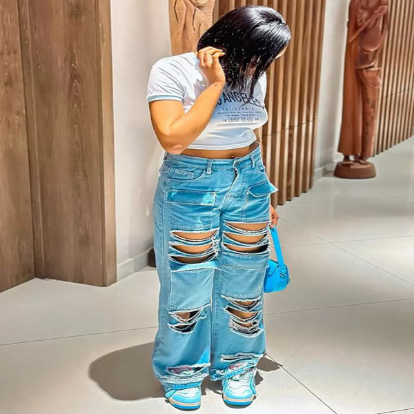 EVE Fashion High Waisted Holes Straight Jeans GAKF-A31114