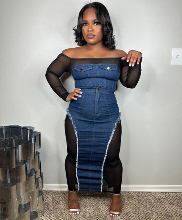 EVE Fashion Mesh Patchwork Denim Two Piece Skirts Set GAKF-A31003
