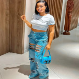 EVE Fashion High Waisted Holes Straight Jeans GAKF-A31114