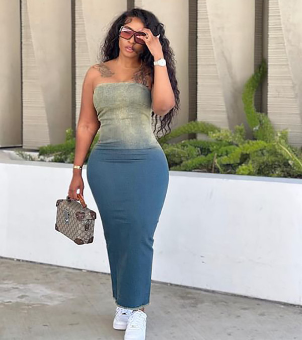EVE Gradient Tube Tops Split Denim Dress GAKF-A30712
