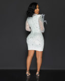 EVE Hot Diamond Mesh Splicing V-neck Feather Mini Dress NY-3116
