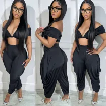 EVE Sexy One Shoulder Deep V Neck Pleated Pants Set NY-10696