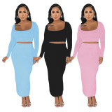 EVE Square Neck Solid Long Sleeve Skirt Two Piece Set ME-8280