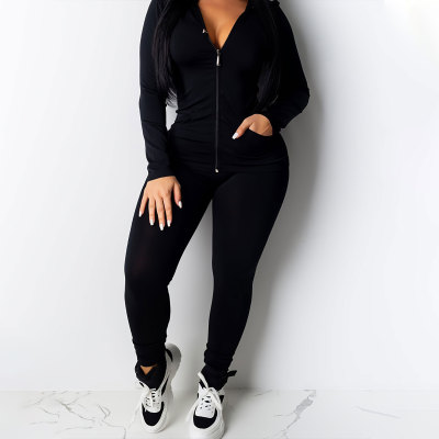 EVE Casual Solid Zipper Hooded Pants Two Piece Set HNIF-9547