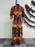 EV EFashion Print Lapel Tie Up Maxi Dress NY-10701