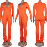 EVE Solid Color V Neck Pleated Tight Jumpsuit BMF-H001