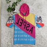 EVE Casual Hooded Long Sleeve Color Block Letter Loose Long Sweater CY-0049