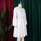 EVE Long Sleeve O Neck Big Swing Midi Dress (With Waist Belt) GATE-D418