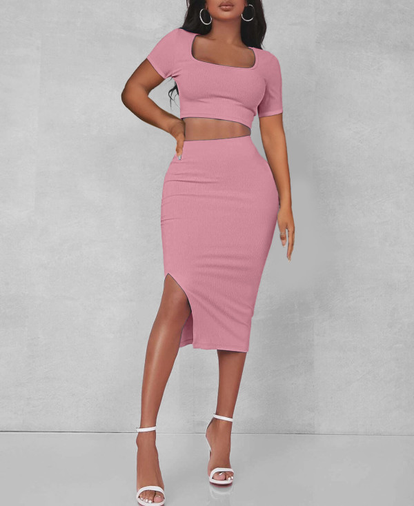 EVE Solid Color Square Neck Split Skirt 2 Piece Set ME-8275