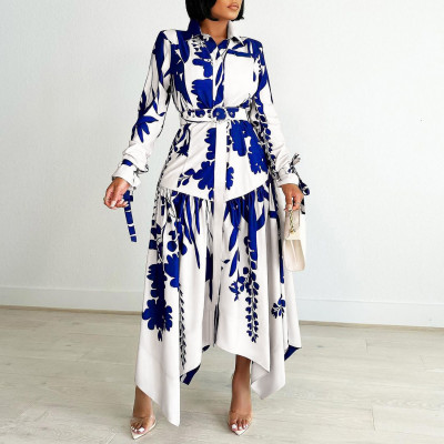 EVE Print Lapel Irregular Maxi Dress(With Waist Belt) GMLF-D3264