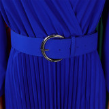 EVE Long Sleeve V Neck Pleated Midi Dress(With Belt) GMLF-D3230