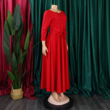 EVE Plus Size Fashion Tie Up Big Swing Solid Maxi Dress GMLF-D3171