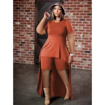 EVE Plus Size Solid Color Short Sleeve Casual Two Piece Short Set QYXZ-9973