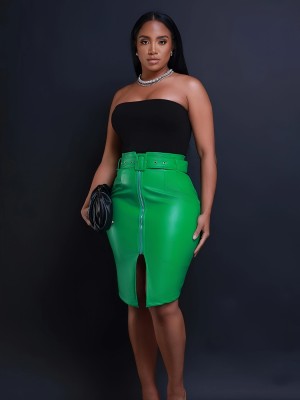 EVE Casual Split PU Leather Half Body Skirt MOF-8940