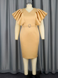 EVE Plus Size V Neck Pleated Ruffle Sleeve Midi Dress(With Belt) GKEN-AM040125
