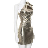 EVE Sexy Bow One Shoulder Metallic Bodycon Dress GDSF-R23DS179