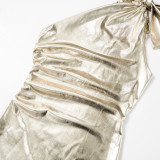 EVE Sexy Bow One Shoulder Metallic Bodycon Dress GDSF-R23DS179