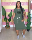EVE PINK Letter Print Short Sleeve Midi Dress OUQF-A305