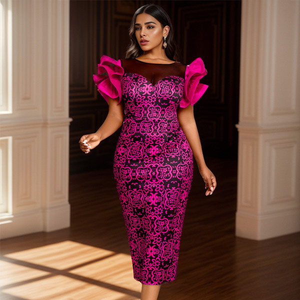 EVE Plus Size Mesh Patchwork Petal Sleeve Printed Dress GKEN-AM040101