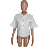 EVE White Single Breasted Solid Color Denim Shirt YMT-6061