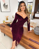 EVE V-neck One-shoulder Drawstring Midi Dress ME-999