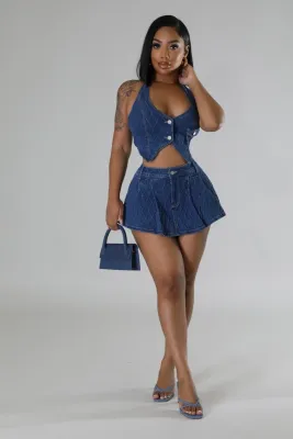 EVE Slim Halter Button Vest Skirts Denim Two Piece Set YMEF-51085
