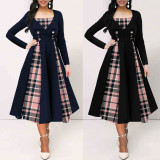 EVE Plus Size Contrast Color Plaid Double Breasted Midi Dress XHSY-19972