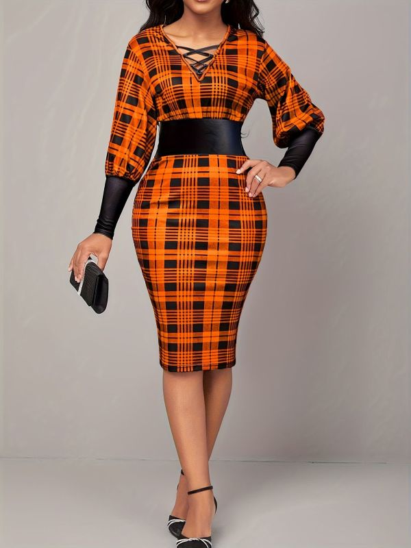 EVE Plus Size Printed Long Sleeve Waisted V-Neck Dress XHSY-19900