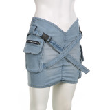EVE Fashion Cross Button Pleated Denim Skirt GLRF-LR05887