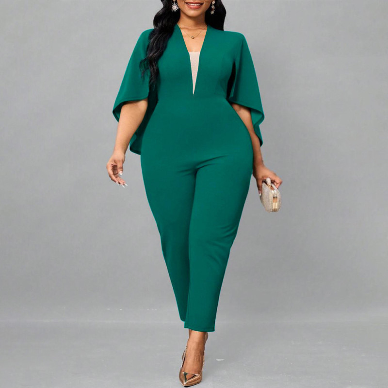 EVE Plus Size Solid Bat Cloak Sexy V-Neck Jumpsuit NNWF-P3049