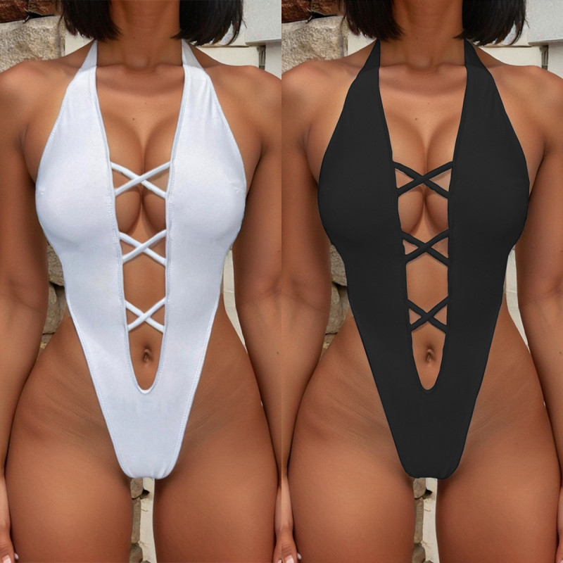 EVE Solid Color Bandage Halter One Piece Swimsuit CASF-6683