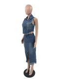 EVE Sleeveless Irregular Tops And Split Long Skirt Denim Suit JRF-3755