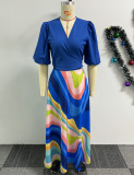 EVE Color Clashing Printed Tie Up Long Skirt Two Piece Set NY-10742