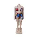 EVE Plus Size Print Tie Up Backless Two Piece Shorts Set QYXZ-9942