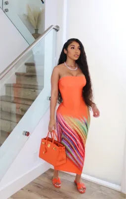 EVE Wrap Chest Colorful Stripe Long Dress 2QZX-6288