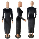 EVE O Neck Pearls Long Sleeve Slim Dress GRNH-28585