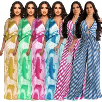 EVE Fashion V-neck Press Pleated Print Jumpsuit YF-10705